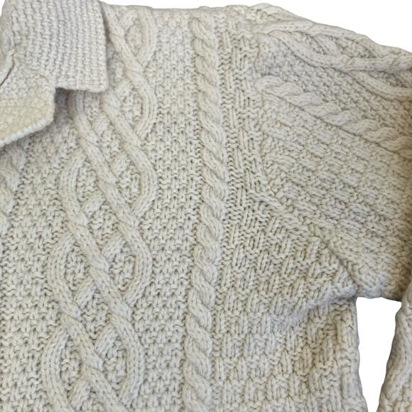 Paul James Sz L 100% Wool Chunky Cable Knit Cardigan Cream Fisherman Shrunken - Picture 8 of 16